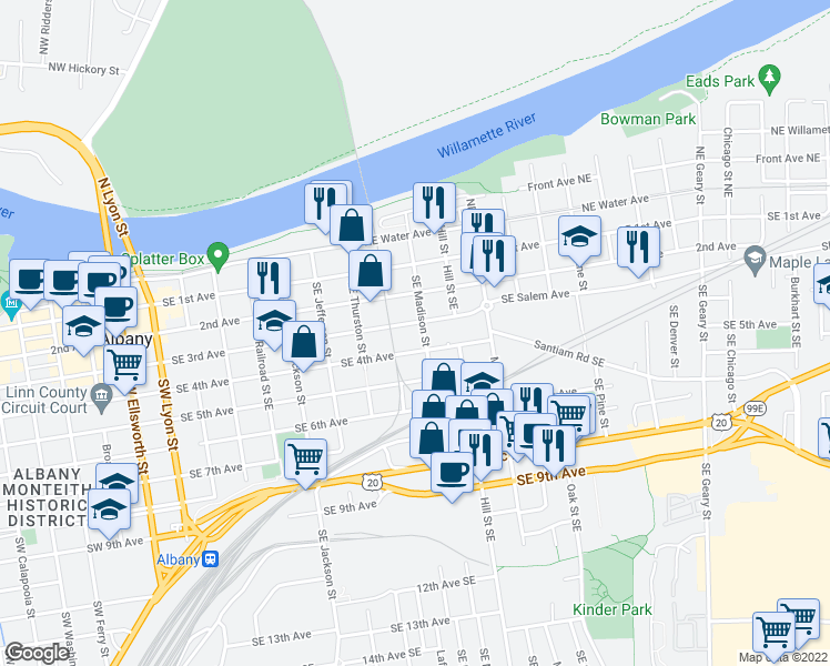 map of restaurants, bars, coffee shops, grocery stores, and more near 828 Southeast 3rd Avenue in Albany