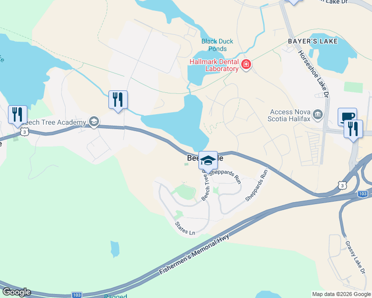map of restaurants, bars, coffee shops, grocery stores, and more near 1203 Saint Margarets Bay Road in Beechville