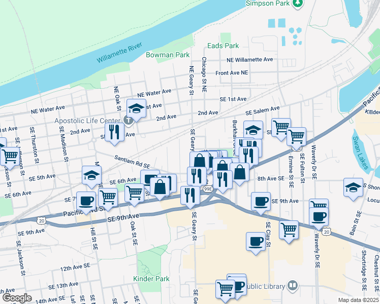 map of restaurants, bars, coffee shops, grocery stores, and more near 516 Southeast Geary Street in Albany
