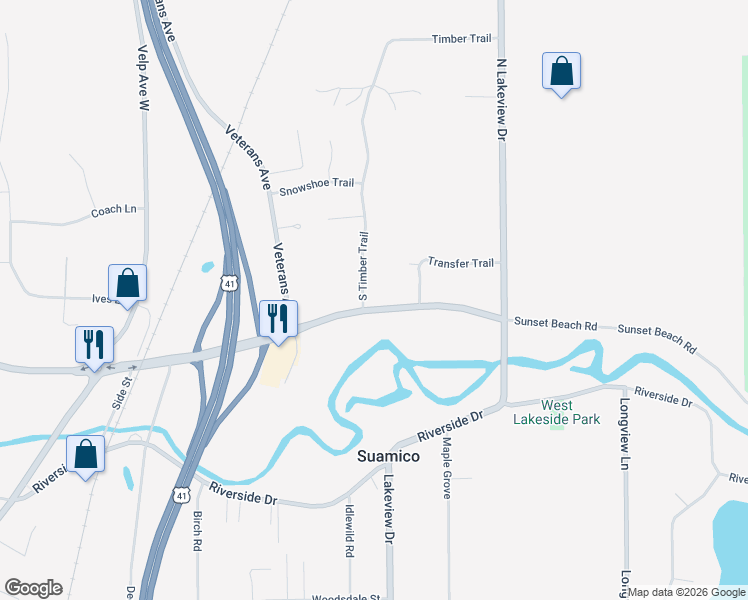 map of restaurants, bars, coffee shops, grocery stores, and more near 1420 Sunset Beach Road in Suamico