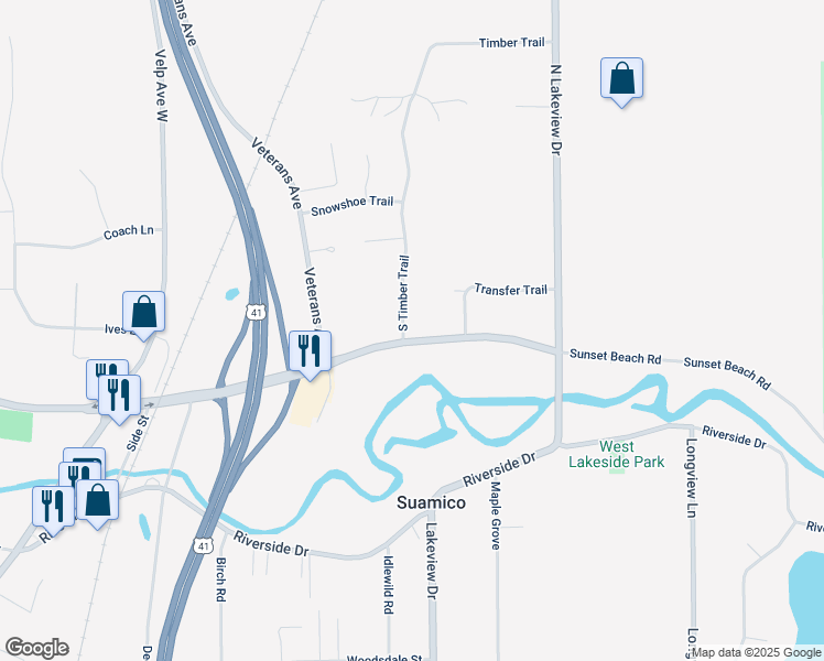 map of restaurants, bars, coffee shops, grocery stores, and more near 1420 Sunset Beach Road in Suamico