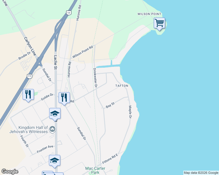 map of restaurants, bars, coffee shops, grocery stores, and more near 14 Francis Road in Orillia