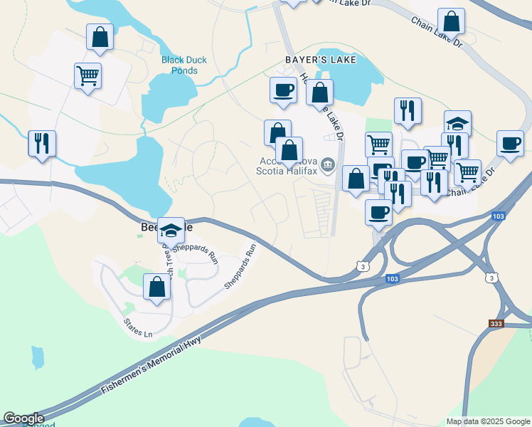 map of restaurants, bars, coffee shops, grocery stores, and more near 297 Higgins Avenue in Halifax