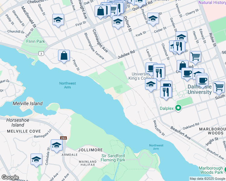 map of restaurants, bars, coffee shops, grocery stores, and more near 6549 Coburg Road in Halifax