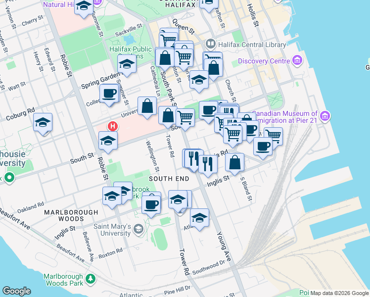 map of restaurants, bars, coffee shops, grocery stores, and more near 1130 South Park Street in Halifax