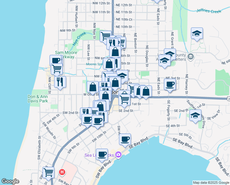 map of restaurants, bars, coffee shops, grocery stores, and more near 22 Oregon Coast Highway in Newport