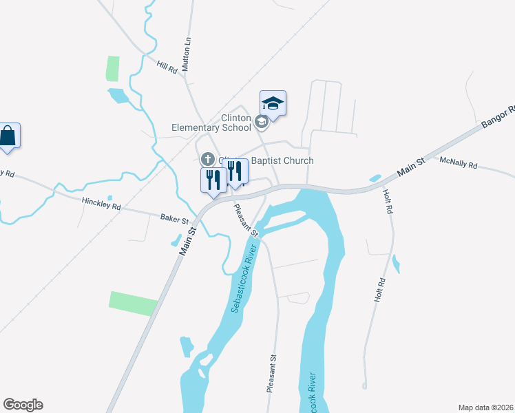 map of restaurants, bars, coffee shops, grocery stores, and more near 1169 Main Street in Clinton