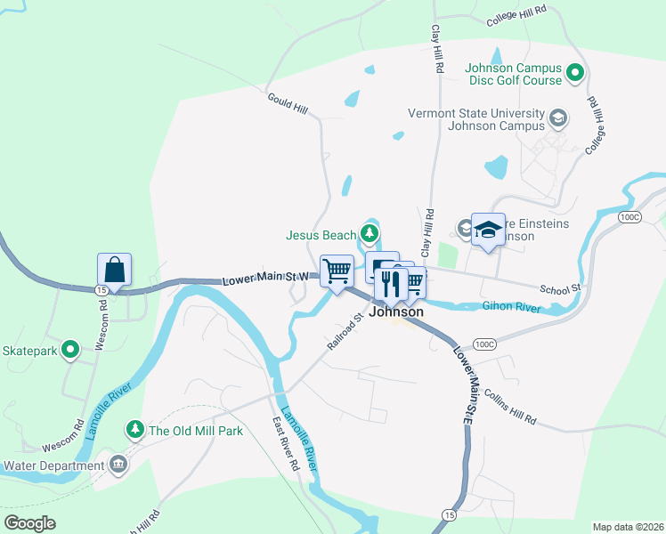 map of restaurants, bars, coffee shops, grocery stores, and more near 198 Lower Main Street West in Johnson
