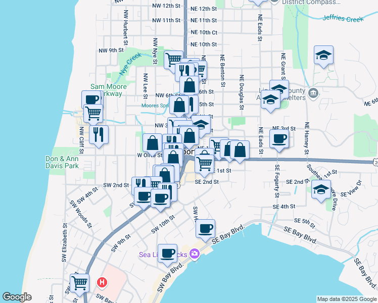 map of restaurants, bars, coffee shops, grocery stores, and more near 22 Oregon Coast Highway in Newport