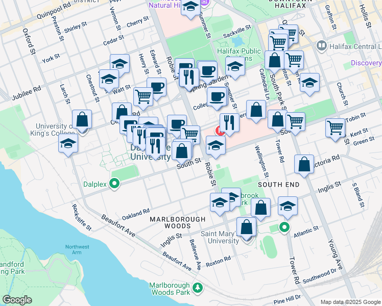 map of restaurants, bars, coffee shops, grocery stores, and more near 1235 Edward Street in Halifax