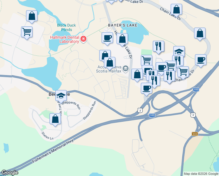 map of restaurants, bars, coffee shops, grocery stores, and more near Zeppelin Crescent in Beechville