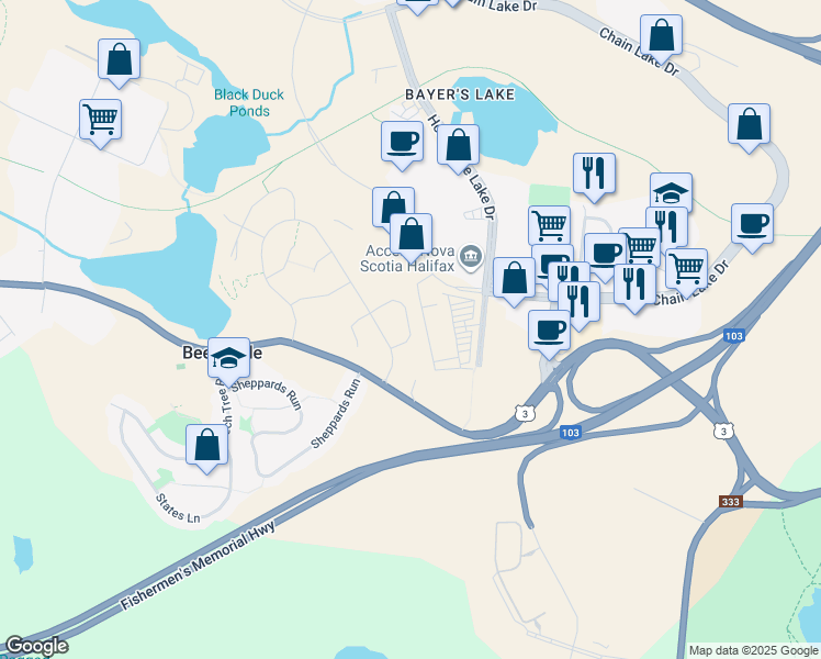 map of restaurants, bars, coffee shops, grocery stores, and more near Zeppelin Crescent in Beechville