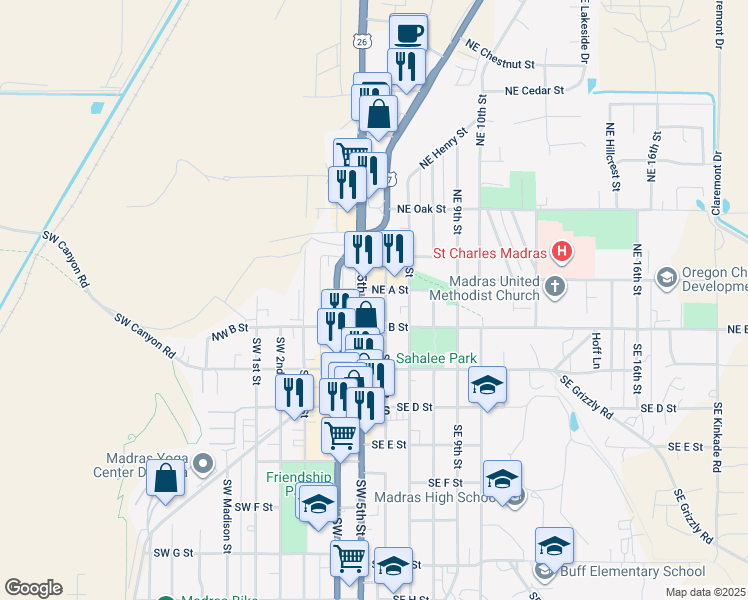 map of restaurants, bars, coffee shops, grocery stores, and more near 25 Northeast A Street in Madras