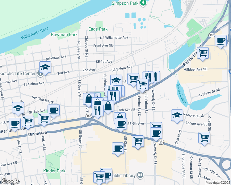 map of restaurants, bars, coffee shops, grocery stores, and more near 425 Southeast Columbus Street in Albany