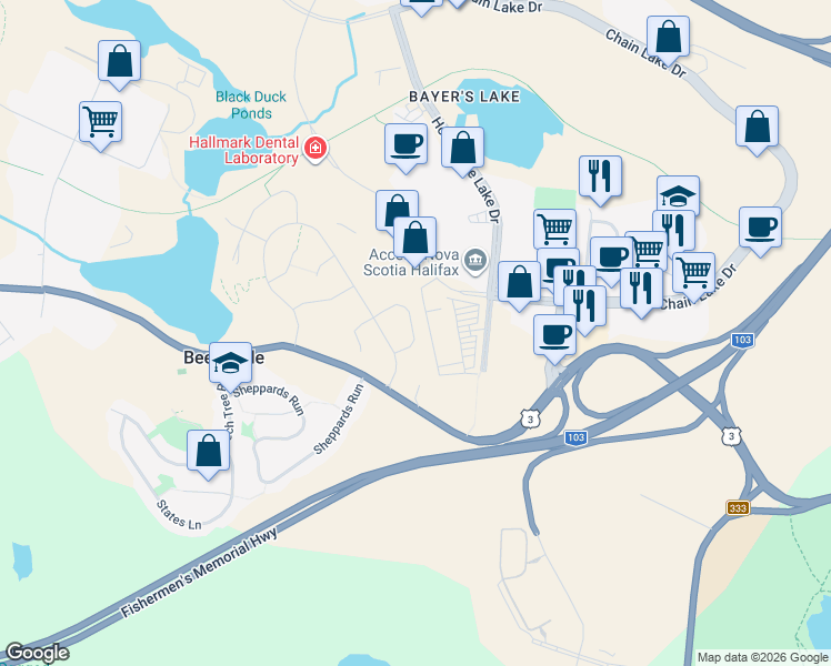 map of restaurants, bars, coffee shops, grocery stores, and more near 36 Zeppelin Crescent in Beechville