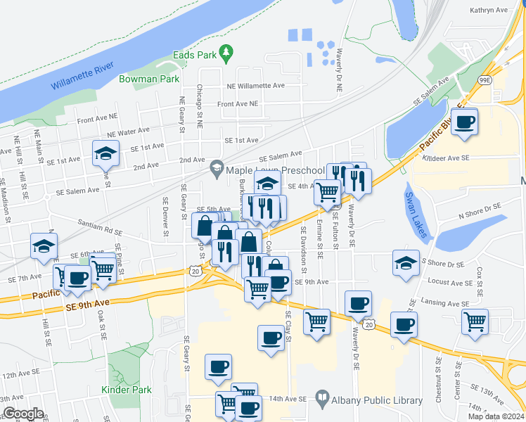 map of restaurants, bars, coffee shops, grocery stores, and more near 515 Bradley Street Southeast in Albany