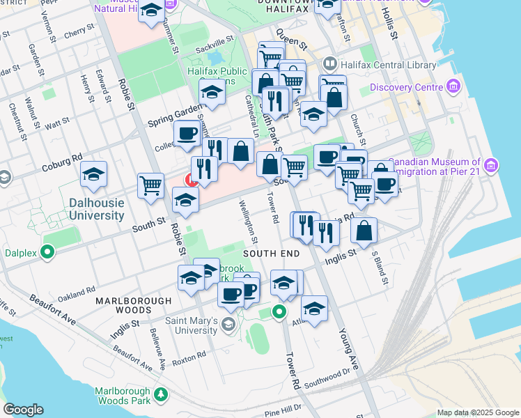 map of restaurants, bars, coffee shops, grocery stores, and more near 5775 Tower Terrace in Halifax