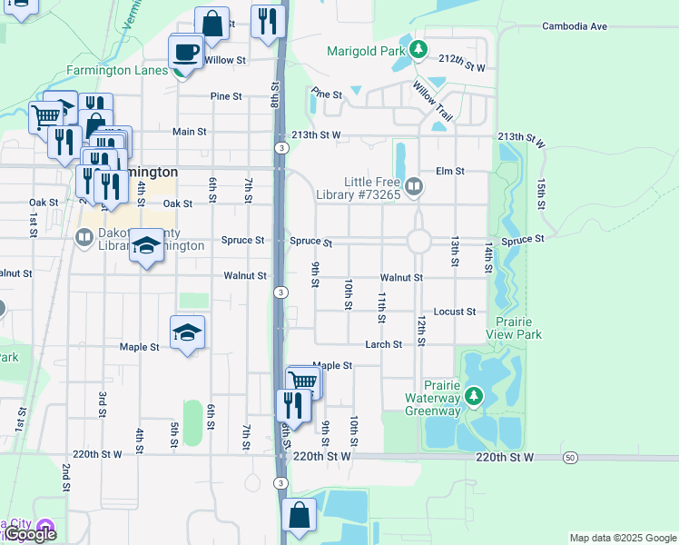 map of restaurants, bars, coffee shops, grocery stores, and more near 913 Walnut Street in Farmington