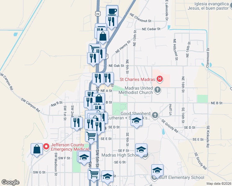 map of restaurants, bars, coffee shops, grocery stores, and more near 115 Northeast A Street in Madras