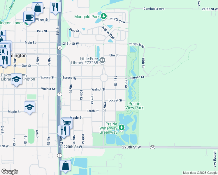 map of restaurants, bars, coffee shops, grocery stores, and more near 1209 Walnut Street in Farmington