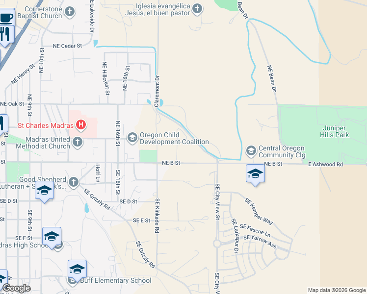 map of restaurants, bars, coffee shops, grocery stores, and more near 870 Northeast B Street in Madras