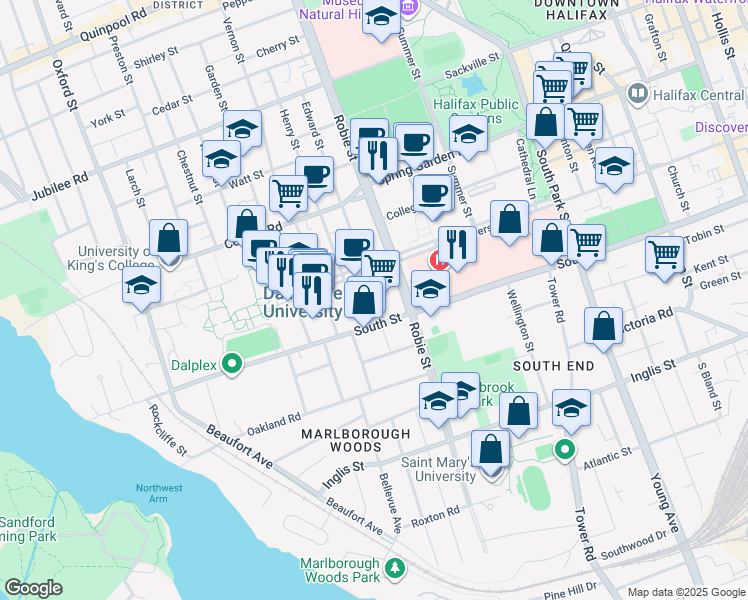 map of restaurants, bars, coffee shops, grocery stores, and more near 1246 Edward Street in Halifax