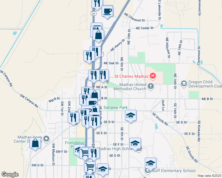 map of restaurants, bars, coffee shops, grocery stores, and more near 115 Northeast A Street in Madras