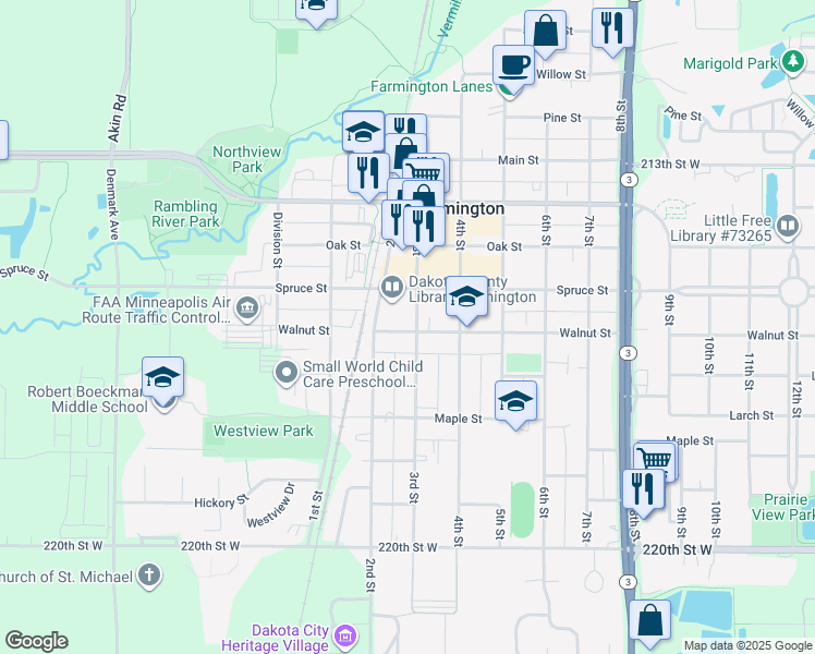 map of restaurants, bars, coffee shops, grocery stores, and more near 520 3rd Street in Farmington