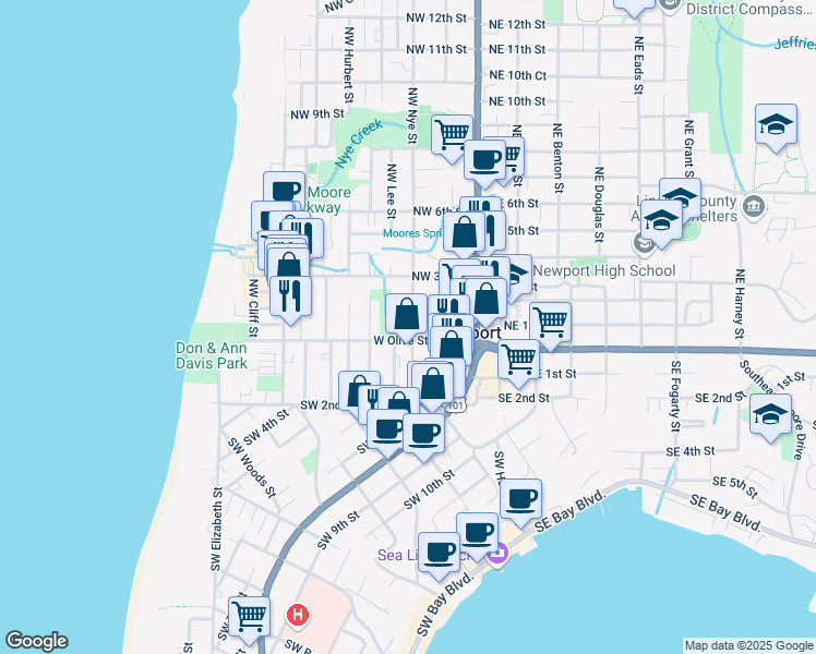 map of restaurants, bars, coffee shops, grocery stores, and more near 36 Northwest Nye Street in Newport