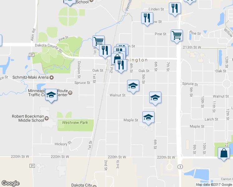 map of restaurants, bars, coffee shops, grocery stores, and more near 520 3rd Street in Farmington