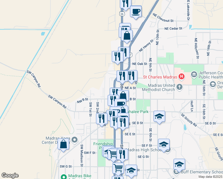 map of restaurants, bars, coffee shops, grocery stores, and more near 105 Northwest 4th Street in Madras