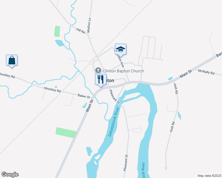 map of restaurants, bars, coffee shops, grocery stores, and more near 1144 Main Street in Clinton