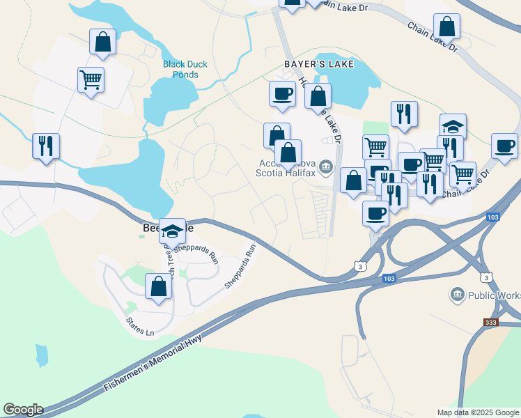map of restaurants, bars, coffee shops, grocery stores, and more near 285 Higgins Avenue in Halifax