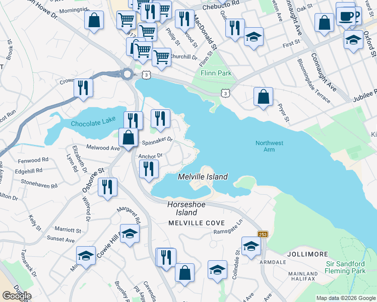 map of restaurants, bars, coffee shops, grocery stores, and more near 164 Spinnaker Drive in Halifax