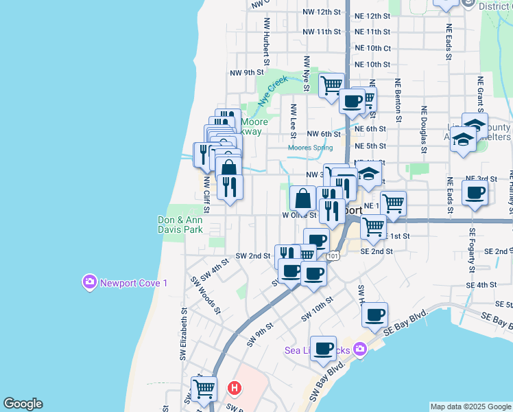 map of restaurants, bars, coffee shops, grocery stores, and more near 24 Northwest Brook Street in Newport