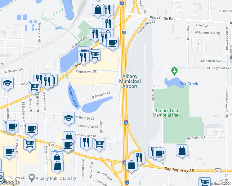 map of restaurants, bars, coffee shops, grocery stores, and more near 3222 North Shore Drive Southeast in Albany