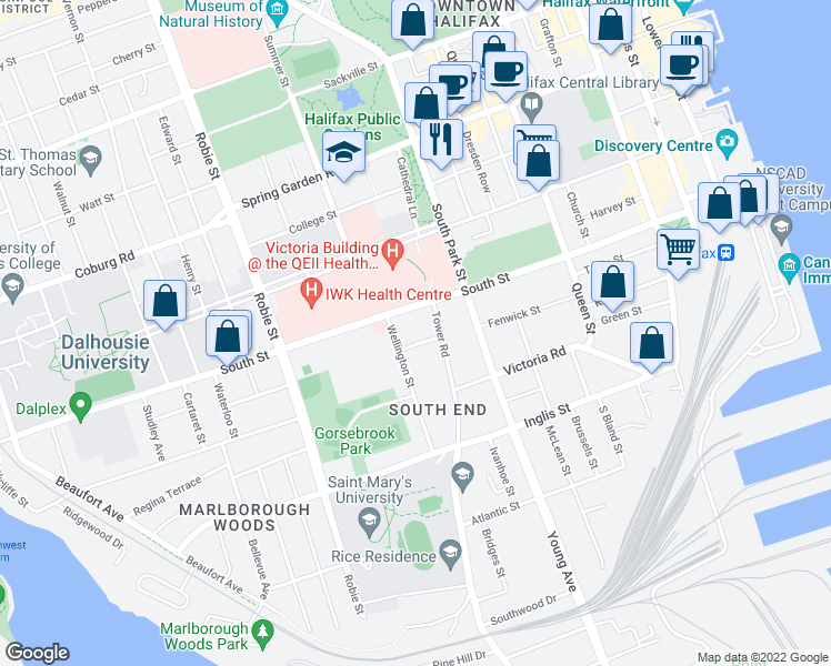 map of restaurants, bars, coffee shops, grocery stores, and more near in Halifax