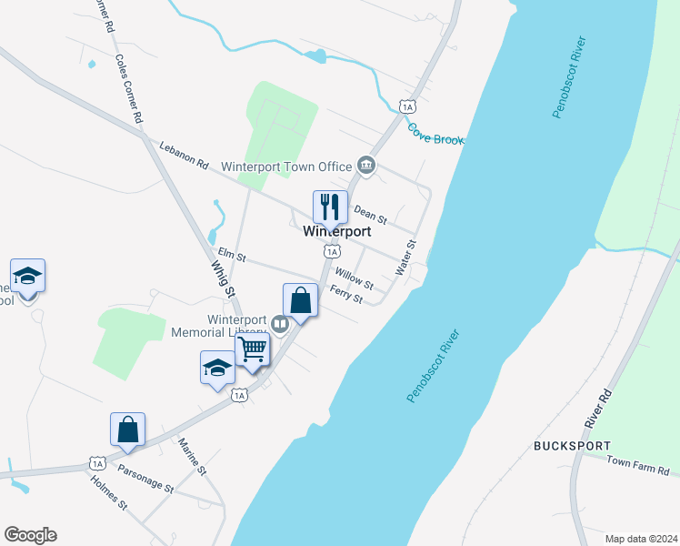 map of restaurants, bars, coffee shops, grocery stores, and more near 136 U.S. 1A in Winterport