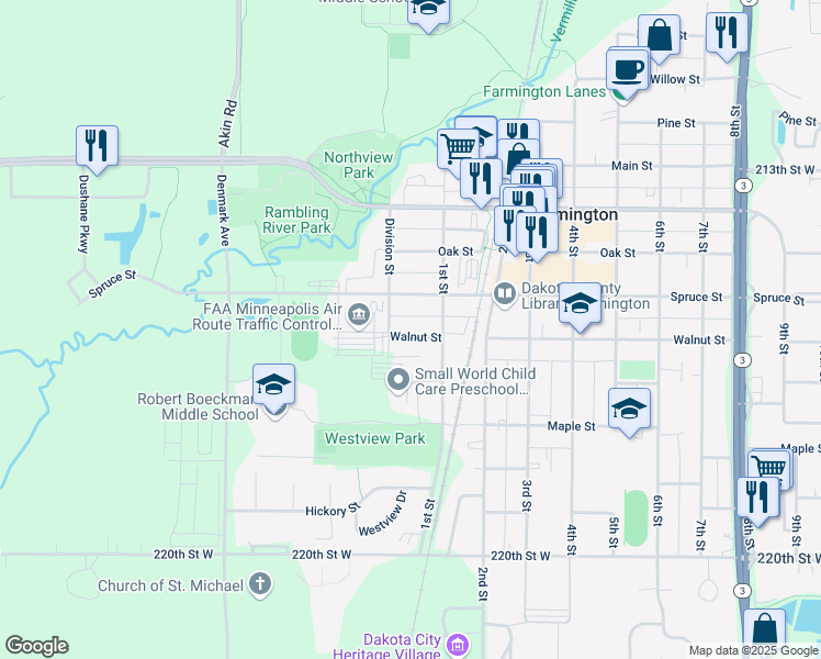 map of restaurants, bars, coffee shops, grocery stores, and more near 19 Walnut Street in Farmington