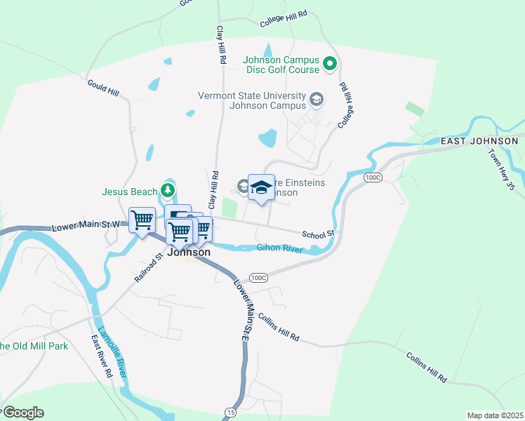 map of restaurants, bars, coffee shops, grocery stores, and more near 57 College Hill Road in Johnson