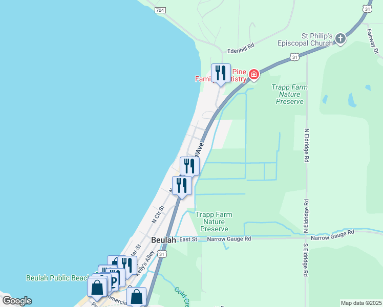 map of restaurants, bars, coffee shops, grocery stores, and more near 364 North Michigan Avenue in Beulah