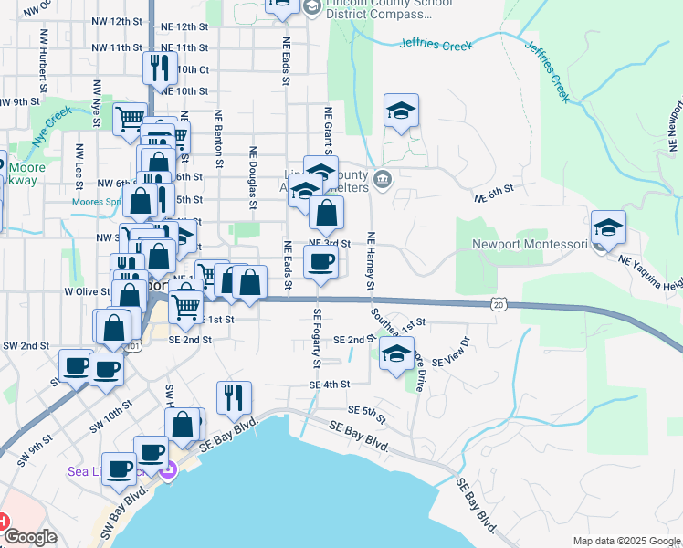 map of restaurants, bars, coffee shops, grocery stores, and more near 619 Northeast 1st Street in Newport