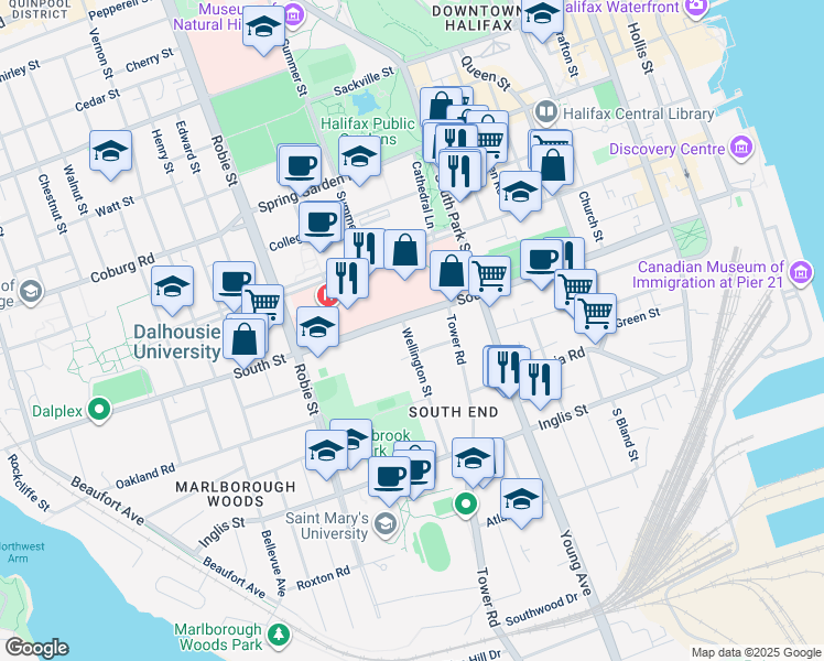 map of restaurants, bars, coffee shops, grocery stores, and more near 1175 Wellington Street in Halifax