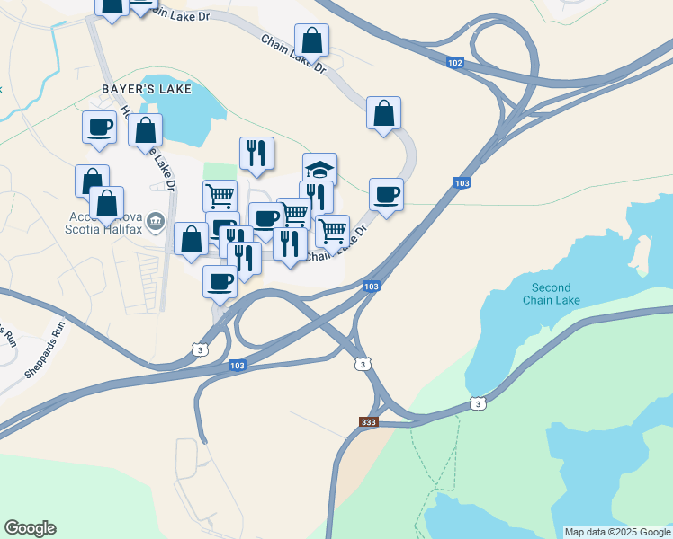 map of restaurants, bars, coffee shops, grocery stores, and more near 114 Chain Lake Drive in Halifax