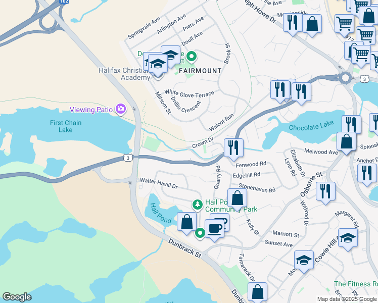 map of restaurants, bars, coffee shops, grocery stores, and more near 22 Coronet Avenue in Halifax