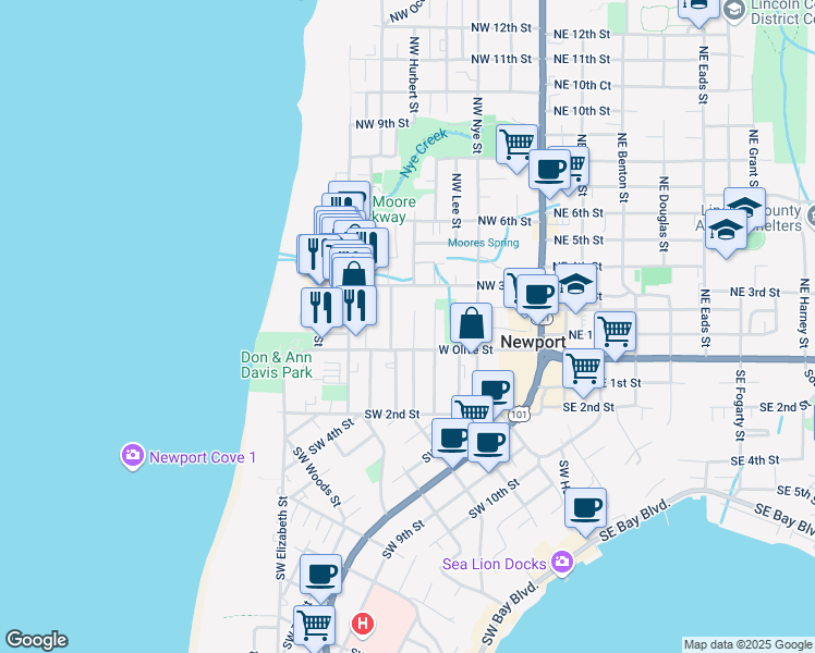 map of restaurants, bars, coffee shops, grocery stores, and more near 24 Northwest Brook Street in Newport