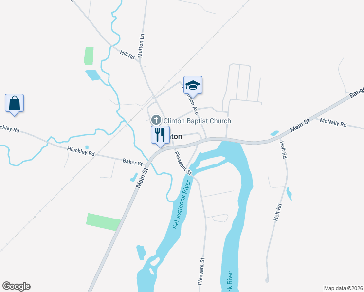 map of restaurants, bars, coffee shops, grocery stores, and more near 1144 Main Street in Clinton