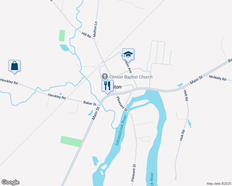 map of restaurants, bars, coffee shops, grocery stores, and more near 1144 Main Street in Clinton