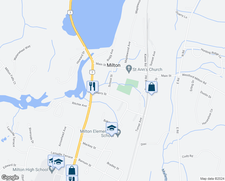 map of restaurants, bars, coffee shops, grocery stores, and more near 30 Cherry Street in Milton