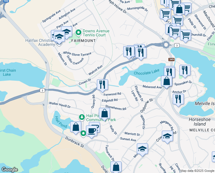map of restaurants, bars, coffee shops, grocery stores, and more near in Halifax